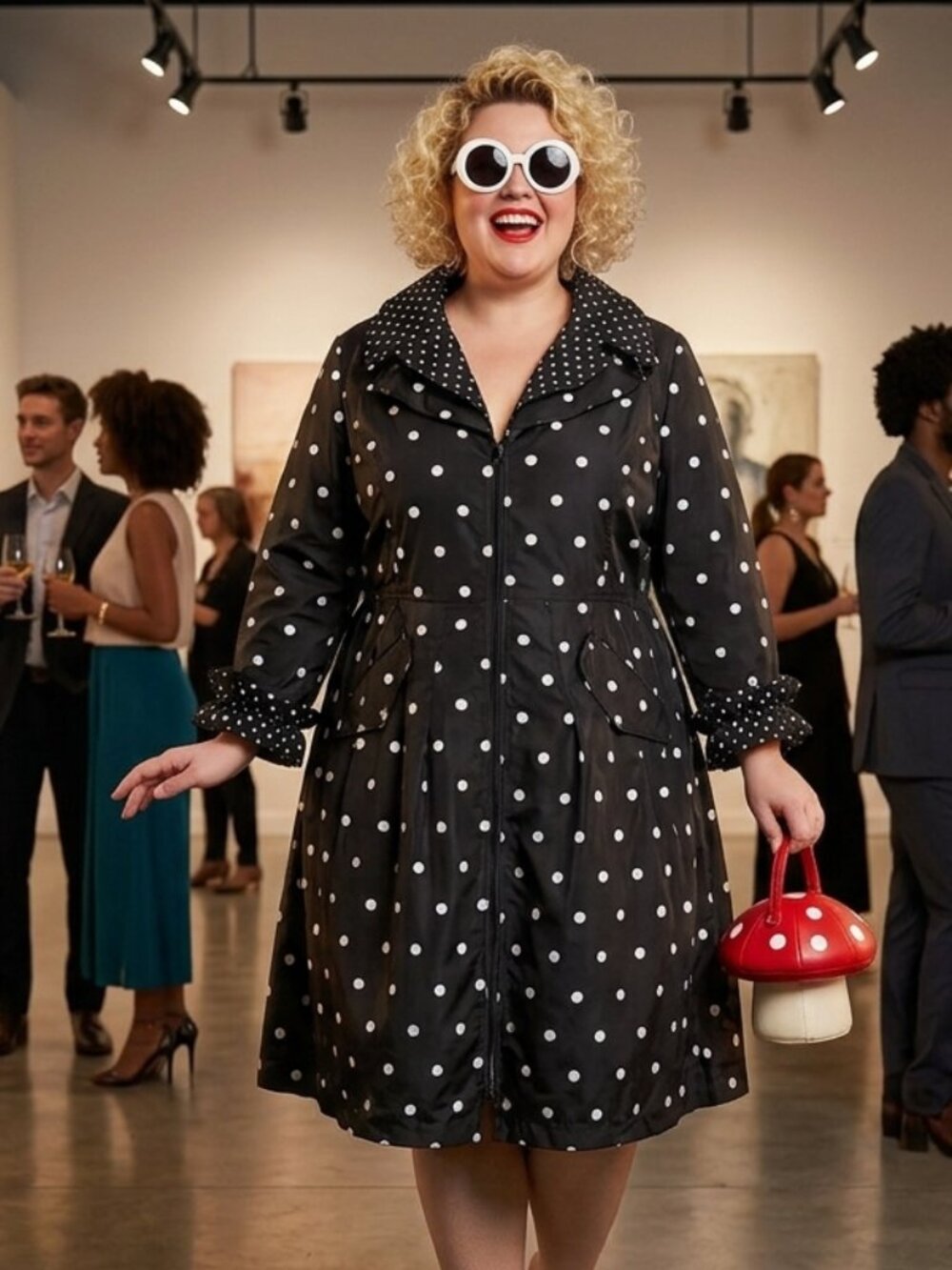 Samuel Dong Polka Dot Dress Trench Coat L Whimsical Artsy Parisian Chic Mod